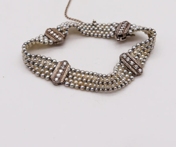 -Edwardian 1905 Belle Epoque Pearls Bracelet In Platinum With 1.20 Cts Diamonds
