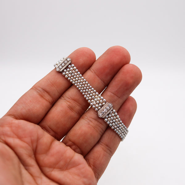 -Edwardian 1905 Belle Epoque Pearls Bracelet In Platinum With 1.20 Cts Diamonds