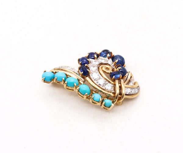 Cartier Paris 1960 Gia Certified Retro Brooch In 18Kt Gold With 5.53 Cts In Diamonds Sapphires & Turquoise