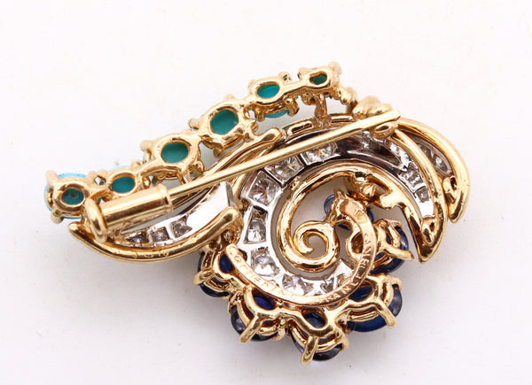 Cartier Paris 1960 Gia Certified Retro Brooch In 18Kt Gold With 5.53 Cts In Diamonds Sapphires & Turquoise