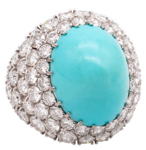 FRENCH MODERNIST 1970'S COCKTAIL RING, 18 KT GOLD WITH 28.84 Ctw IN DIAMONDS & TURQUOISE