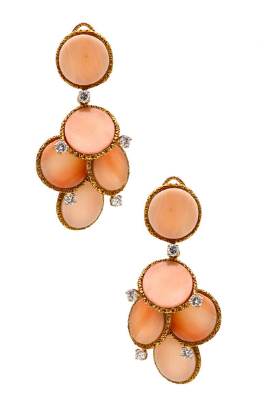 Édouard Richard 1970 Paris Retro Modernist Dangle Earrings 18Kt Gold 21 Cts Diamonds & Coral