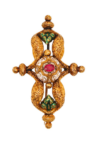 -French 1850 Etruscan Revival Enamel Brooch In 18Kt Yellow Gold With Ruby