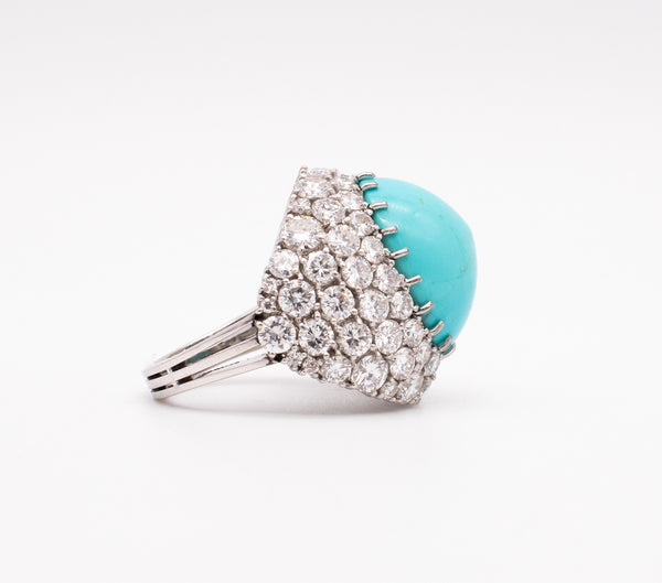 FRENCH MODERNIST 1970'S COCKTAIL RING, 18 KT GOLD WITH 28.84 Ctw IN DIAMONDS & TURQUOISE