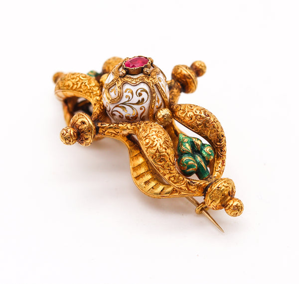 -French 1850 Etruscan Revival Enamel Brooch In 18Kt Yellow Gold With Ruby