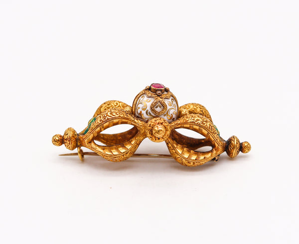 -French 1850 Etruscan Revival Enamel Brooch In 18Kt Yellow Gold With Ruby