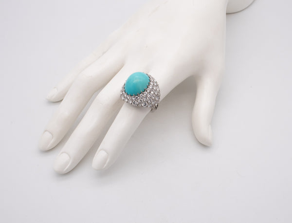 FRENCH MODERNIST 1970'S COCKTAIL RING, 18 KT GOLD WITH 28.84 Ctw IN DIAMONDS & TURQUOISE