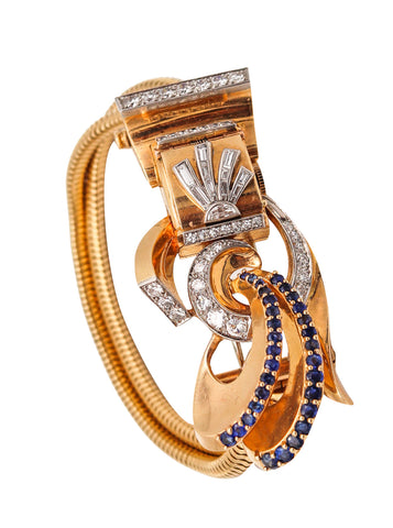 -Deco Retro 1940 Brooch Wristwatch In 14Kt Gold Platinum With 5.54 Ctw Diamonds And Sapphires