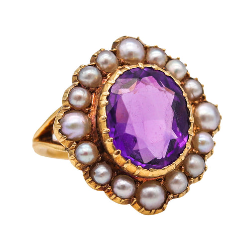 -Victorian 1890 Cocktail Ring In 18Kt Gold With 3.82 Cts Amethyst And Pearls