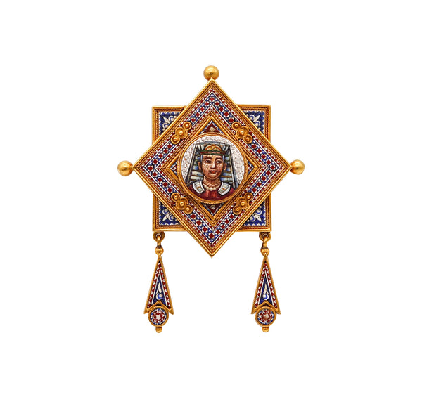 -Italy 1850 Roma Papal States Egyptian Revival Micro Mosaic Pendant In 18Kt Yellow Gold