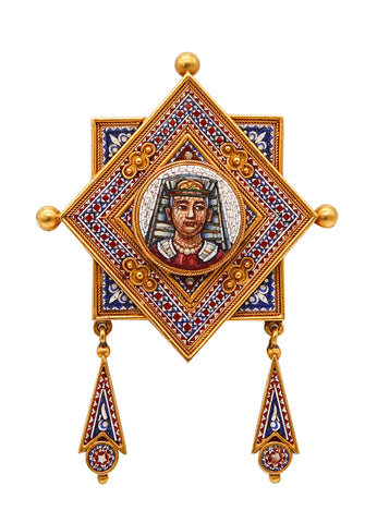 -Italy 1850 Roma Papal States Egyptian Revival Micro Mosaic Pendant In 18Kt Yellow Gold