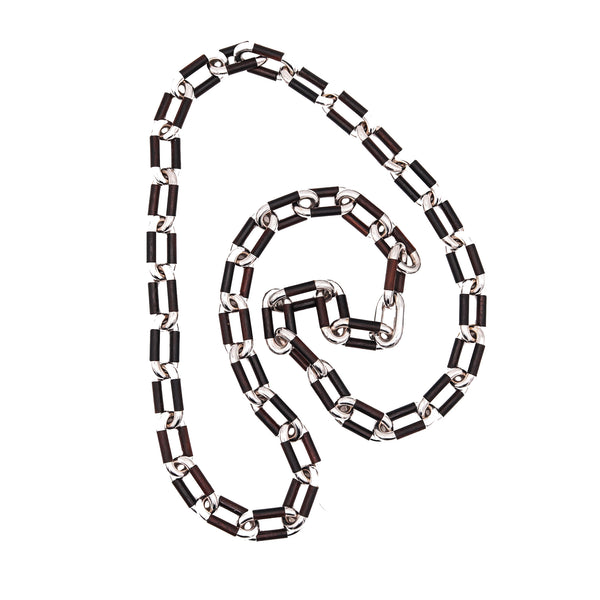 Carlo Weingrill For Vaid Roma Modernist Sautoir Necklace In 18Kt White Gold With Carved Rose Wood