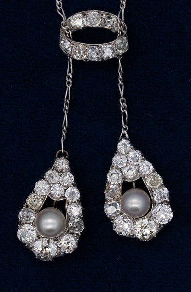 EDWARDIAN 1900'S PLATINUM LAVALIER NECKLACE WITH 5.88 Cts IN DIAMONDS & PEARLS