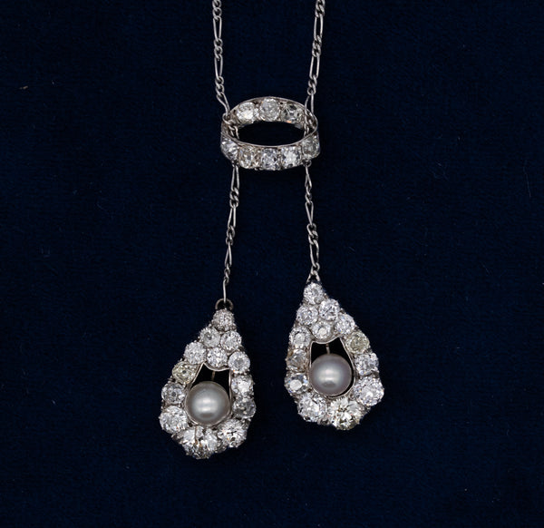 EDWARDIAN 1900'S PLATINUM LAVALIER NECKLACE WITH 5.88 Cts IN DIAMONDS & PEARLS