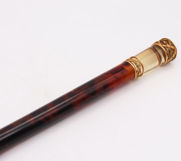 French 1900 Edwardian Faux Tortoise Parasol Handle In 18Kt Gold And Carved Citrine Quartz