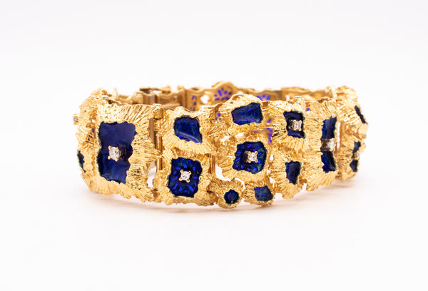 Italian Plique A Jour Brutalist Bracelet In 18Kt Gold With Diamonds And Blue Enamel