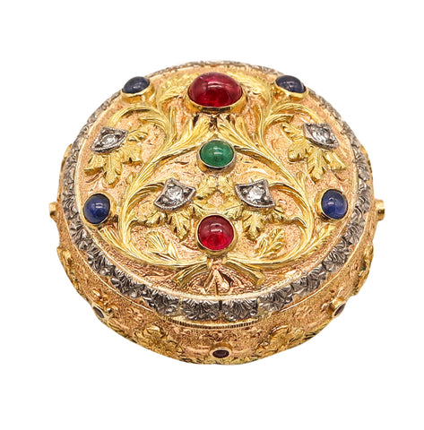 Cazzaniga 1950 Roma Vintage Baroque Gem Set Pill Box In 18Kt Gold With 1.64 Cts In Gemstones