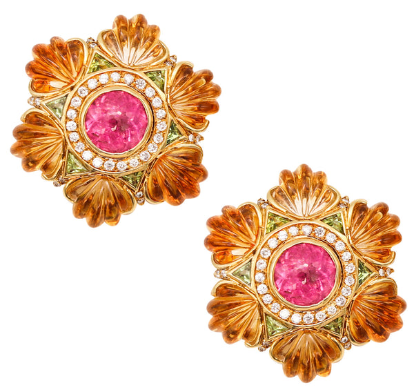 Roberto Legnazzi Gem Set Cluster Earrings In 18Kt Gold With 54.37 Cts In Diamonds And Carved Gemstones