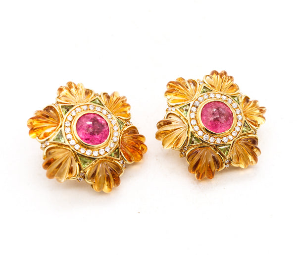 Roberto Legnazzi Gem Set Cluster Earrings In 18Kt Gold With 54.37 Cts In Diamonds And Carved Gemstones