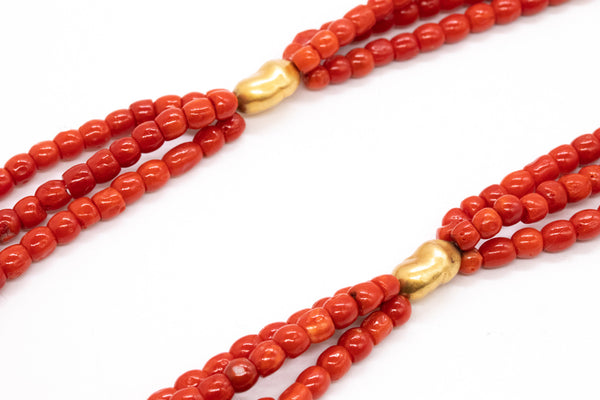 *Italian 1960 Mid-century necklace in 18 kt yellow gold with three strands of Sardinian red coral