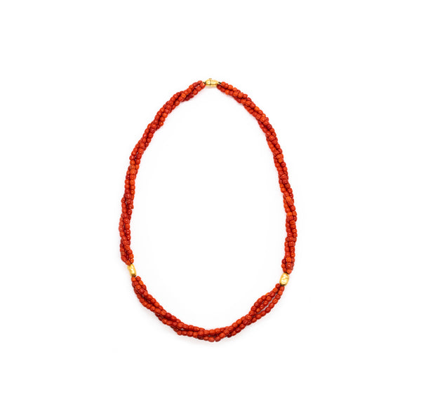 *Italian 1960 Mid-century necklace in 18 kt yellow gold with three strands of Sardinian red coral