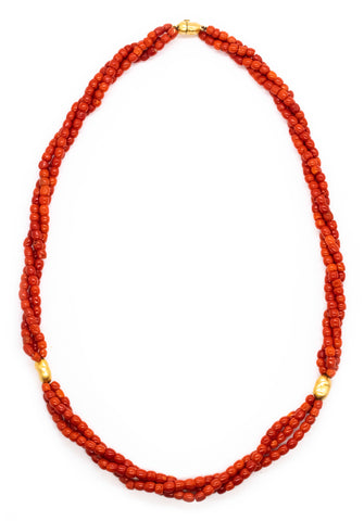 *Italian 1960 Mid-century necklace in 18 kt yellow gold with three strands of Sardinian red coral