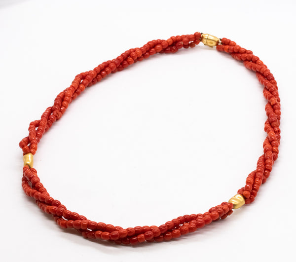 *Italian 1960 Mid-century necklace in 18 kt yellow gold with three strands of Sardinian red coral