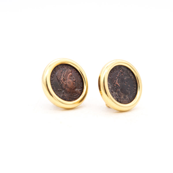 Ancient Roman Coin Earrings In 18Kt Yellow Gold With 306 337 AD Constantine Bronze Follies