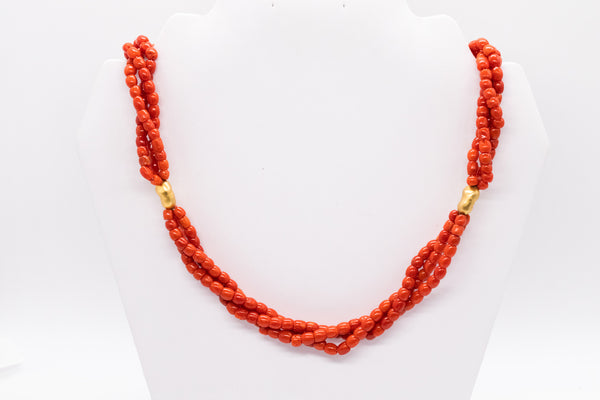 *Italian 1960 Mid-century necklace in 18 kt yellow gold with three strands of Sardinian red coral