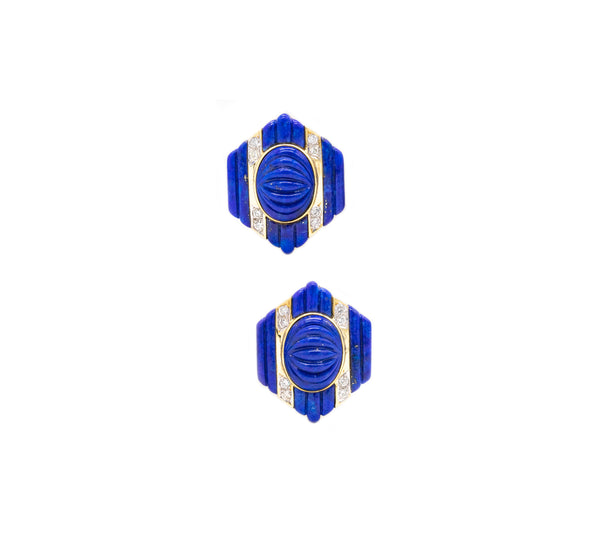 MODERNIST 1970'S HEXAGONAL EAR-CLIPS IN 18 KT WITH 1.44 Cts DIAMONDS AND CARVED LAPIS