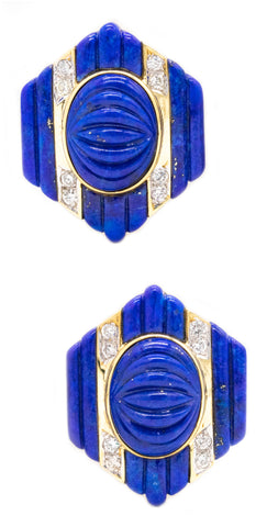 MODERNIST 1970'S HEXAGONAL EAR-CLIPS IN 18 KT WITH 1.44 Cts DIAMONDS AND CARVED LAPIS