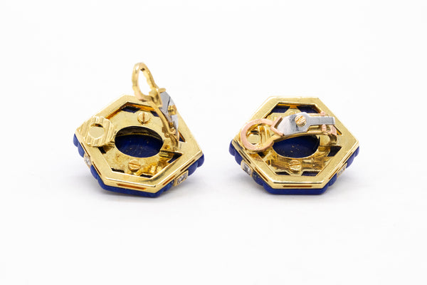 MODERNIST 1970'S HEXAGONAL EAR-CLIPS IN 18 KT WITH 1.44 Cts DIAMONDS AND CARVED LAPIS