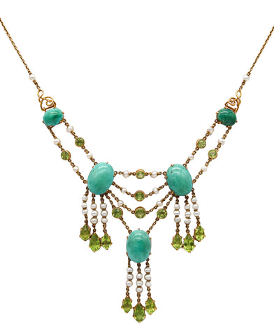 -Victorian 1890 Necklace In 18Kt Gold With 51.04 Cts Peridots Turquoises And Pearls