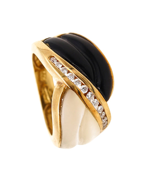 Denoir Paris Gem Set Ring In 18Kt Yellow Gold With VS Diamonds Onyx And White Nacre