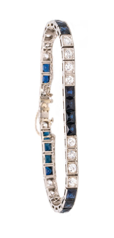 *Platinum 1930 Art Deco Riviera bracelet with 14.60 Ctw in diamonds and sapphires