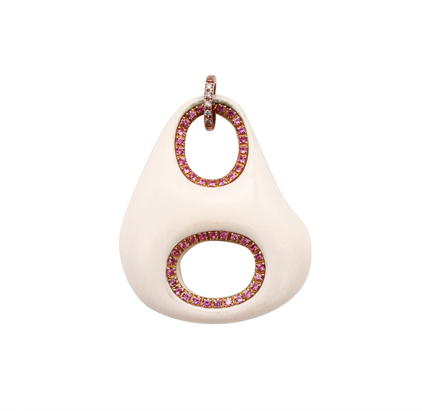 *Italian modernism abstract Cacholong pendant in 18 kt with 1.01 Cts of pink sapphires & diamonds