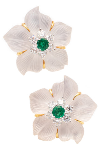 SEAMAN SCHEPPS CLEMATIS 18 KT GOLD EARRINGS IN ROCK CRYSTAL 3.30 Ctw DIAMONDS & EMERALD