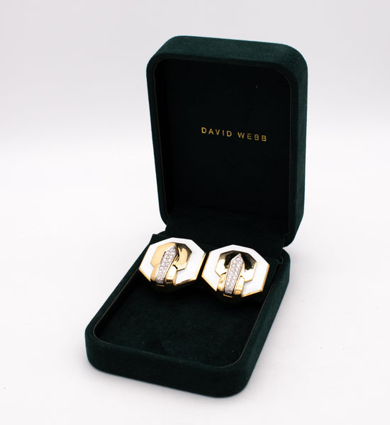 DAVID WEBB WHITE ENAMEL EARRINGS IN 18 KT YELLOW GOLD WITH 2.12 Ctw DIAMONDS