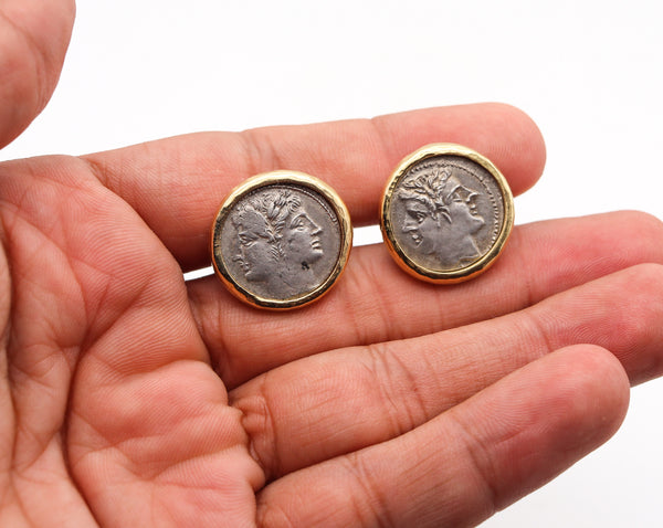 Ancient Rome 225-215 BC Janus Heads Denarius Coins Cufflinks In 18Kt Yellow Gold