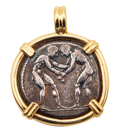 Ancient Greece 350 BC Aspendos Wrestlers Silver Stater Coin Pendant Of 18Kt Yellow Gold