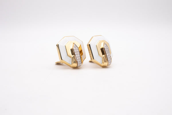 DAVID WEBB WHITE ENAMEL EARRINGS IN 18 KT YELLOW GOLD WITH 2.12 Ctw DIAMONDS