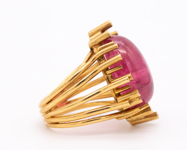 Paul Binder Swiss Modernist 1970’s Geometric Cocktail Ring In 18Kt Yellow Gold With 25.43 Cts Pink Tourmaline