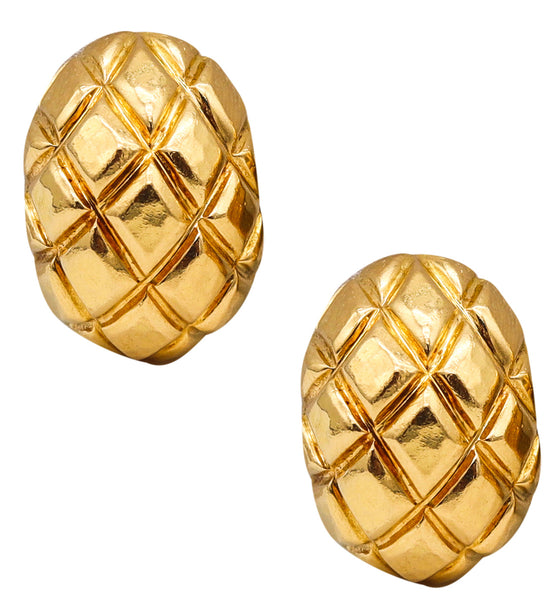 David Webb 1970 New York Quilted Clips On Earrings In Textured 18Kt Yellow Gold