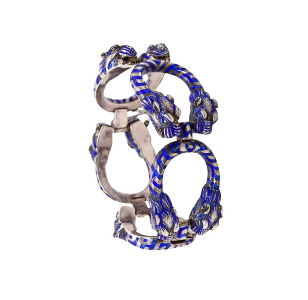 Gucci 1970 Milan Rare Vintage Lions Heads Links Bracelet In .925 Sterling Silver With Blue Enamel