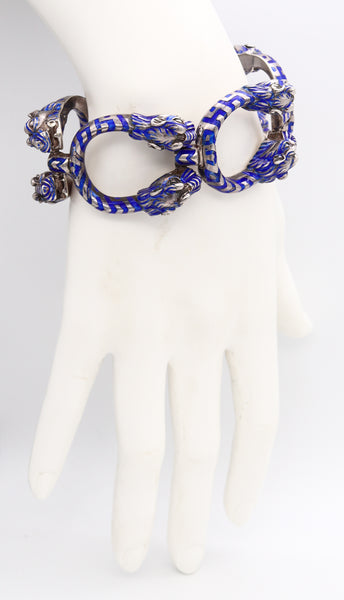 Gucci 1970 Milan Rare Vintage Lions Heads Links Bracelet In .925 Sterling Silver With Blue Enamel
