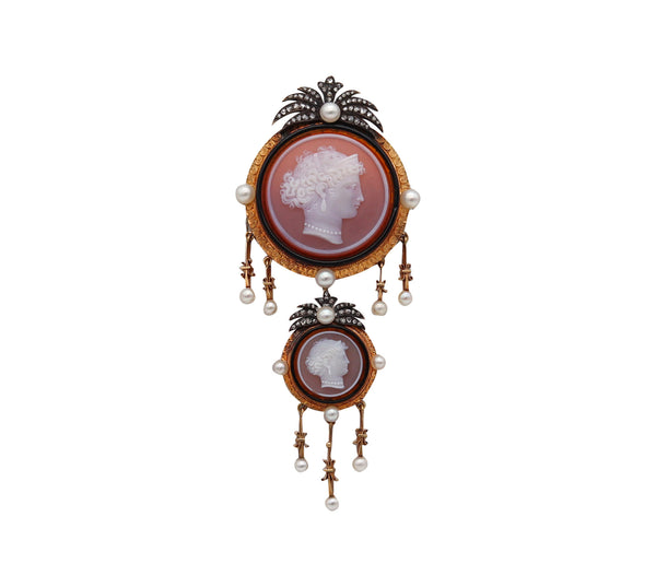 -Austria 1870 Vienna Carved Agate Pendant Brooch In 18Kt Yellow Gold With Natural Pearls