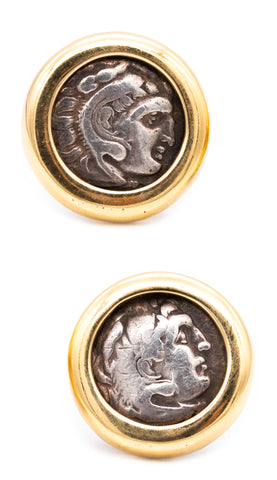 *Alexander The Great 336 BC ancient Drachms coin earrings in 18 kt yellow gold mounting