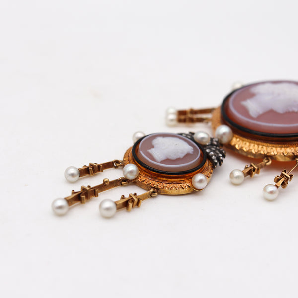 -Austria 1870 Vienna Carved Agate Pendant Brooch In 18Kt Yellow Gold With Natural Pearls