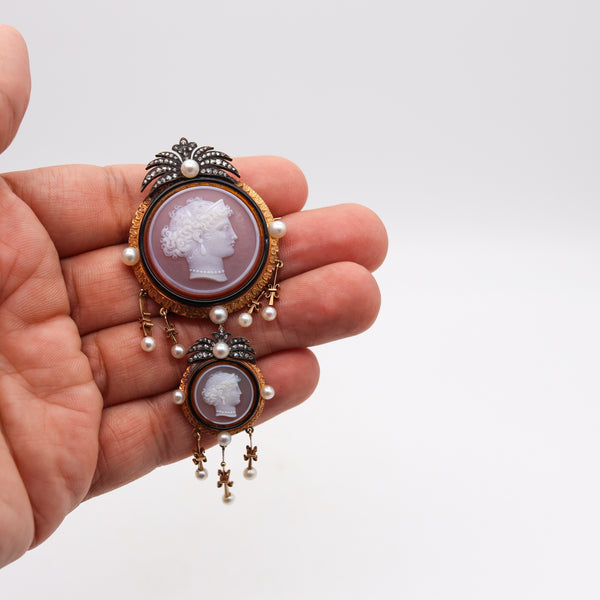 -Austria 1870 Vienna Carved Agate Pendant Brooch In 18Kt Yellow Gold With Natural Pearls