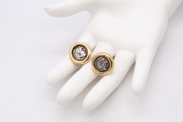 *Alexander The Great 336 BC ancient Drachms coin earrings in 18 kt yellow gold mounting